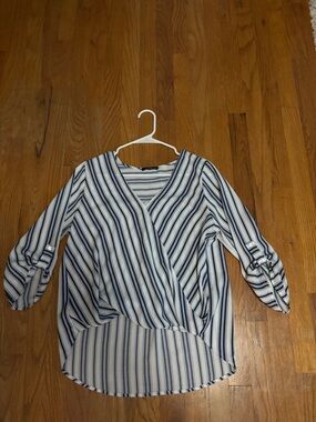 West Kei Blue and White Striped Wrap-Front Blouse